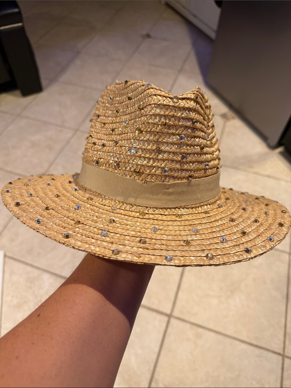 Rhinestone Straw Fedora Hat in Natural